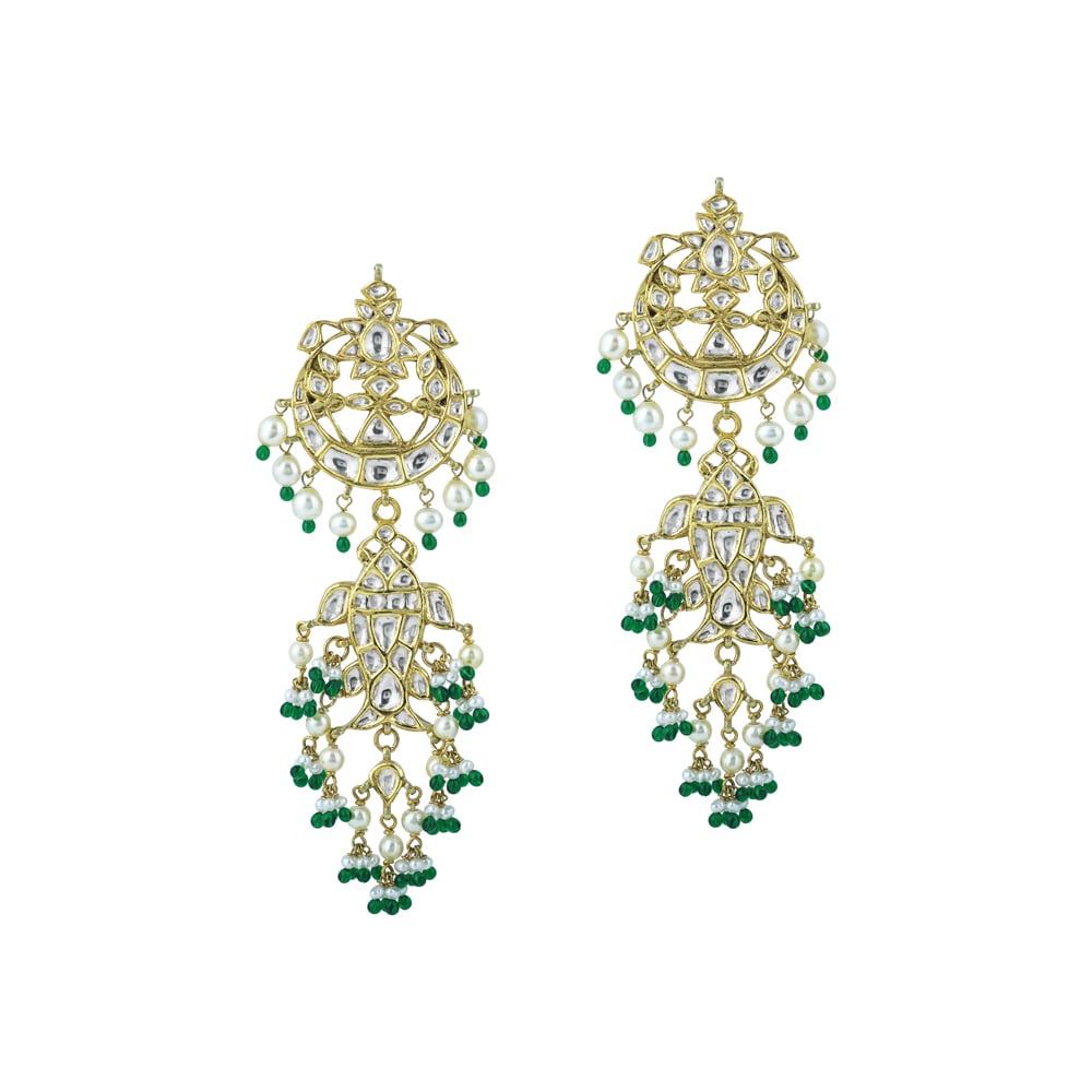 Polki Chandelier Earrings with Green Beads and Pearl Cascades